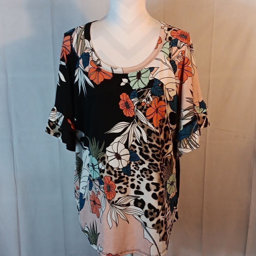 Lovely J Animal Print Floral Ruffle Sleeve Blouse